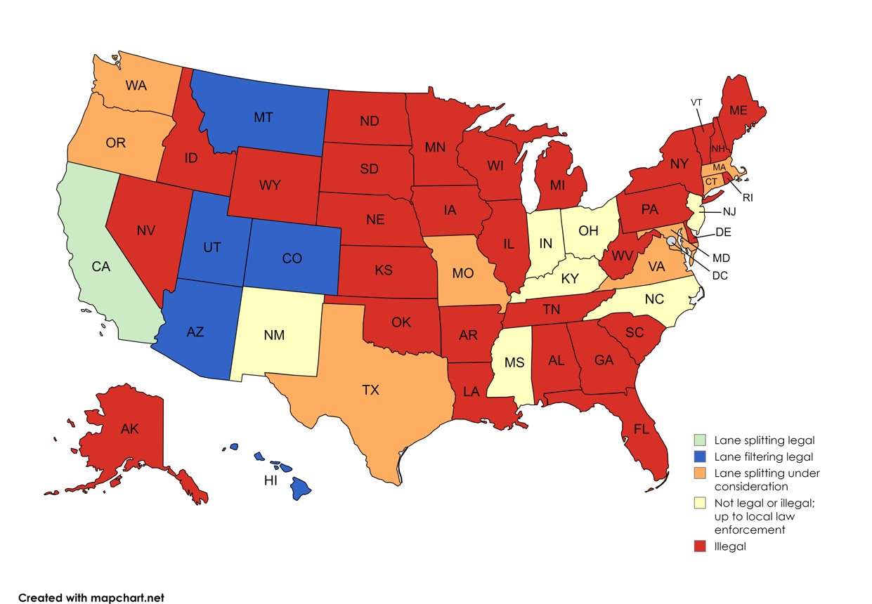 Searching for where is lane splitting legal in the US? Get the latest list of approved states.